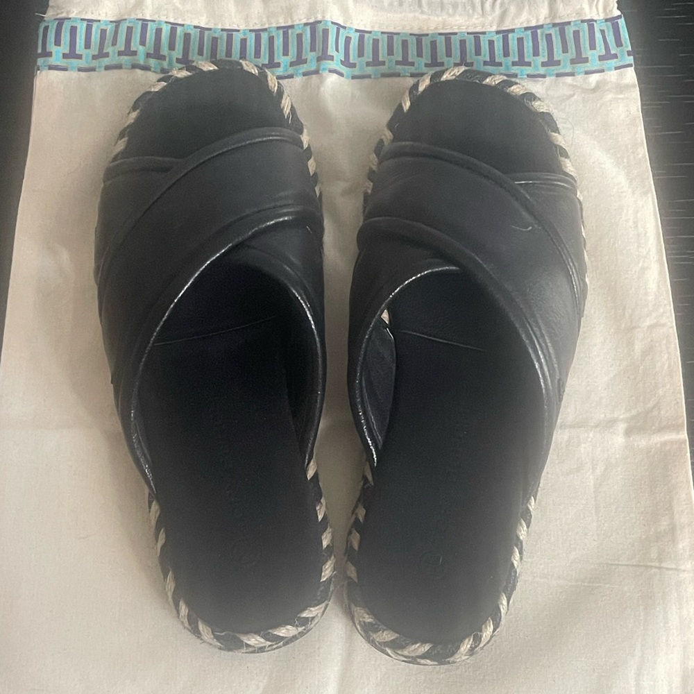 Tory Burch Black Leather Criss Cross Slide Sandals with Braided Trim